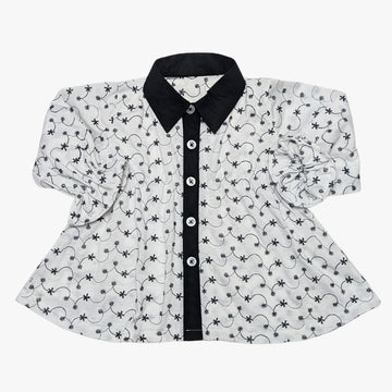 Embroidered Floral Baby Shirt with Black Collar and Trim