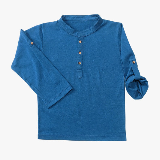 Boys' Casual Blue Henley Shirt with Roll-Up Sleeves