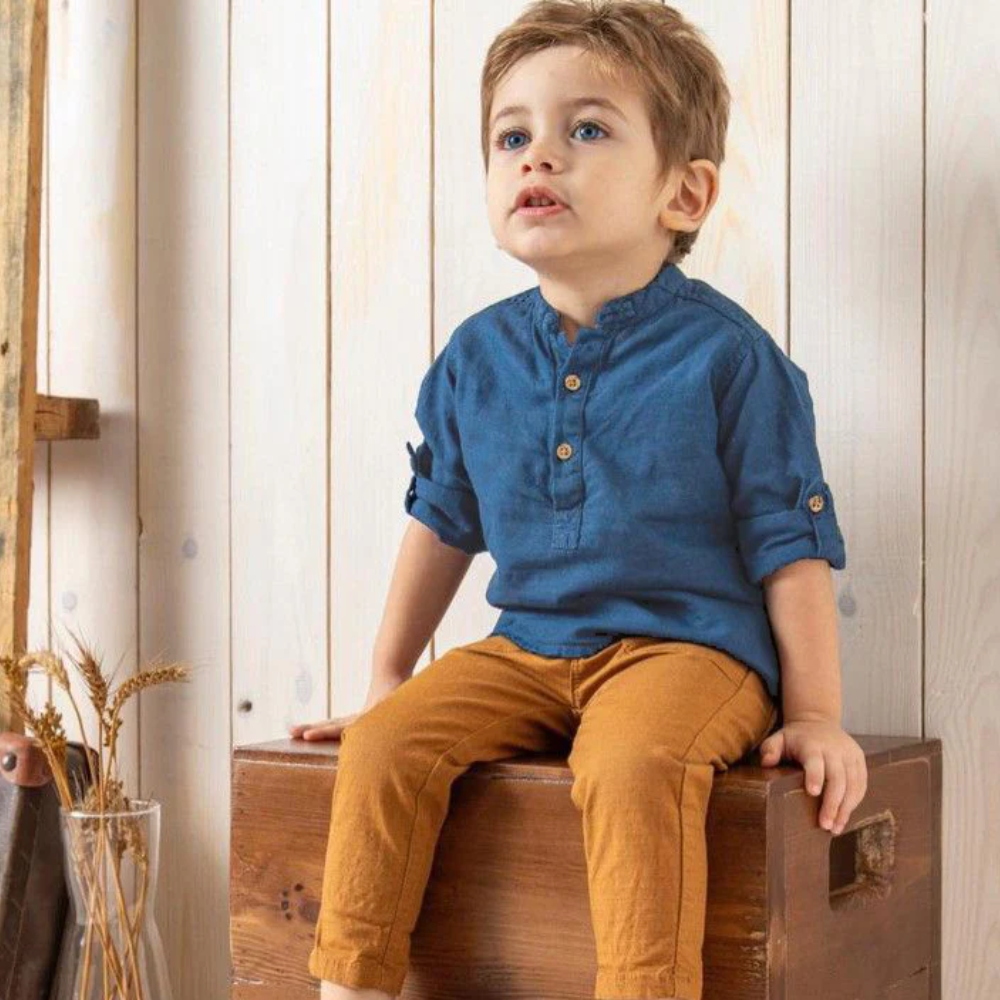 Boys' Casual Blue Henley Shirt with Roll-Up Sleeves