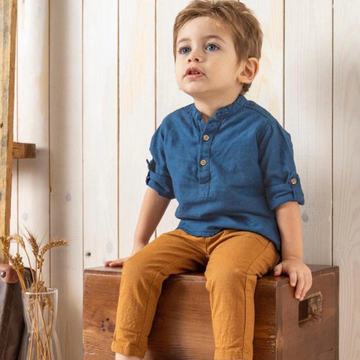 Boys' Casual Blue Henley Shirt with Roll-Up Sleeves